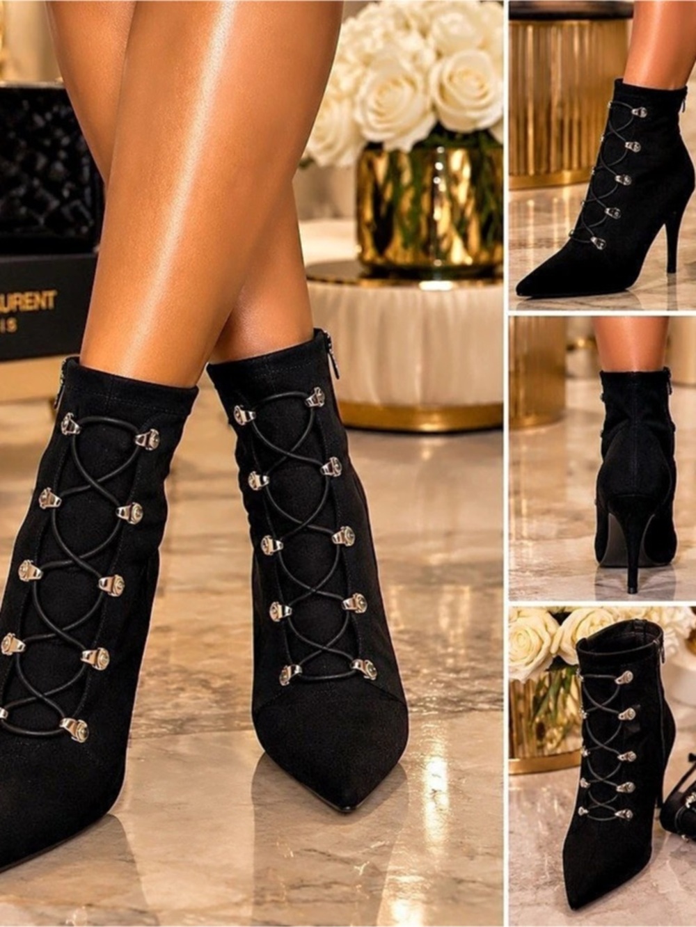Saint Laurent Women's Black Lace-Up Ankle Boots